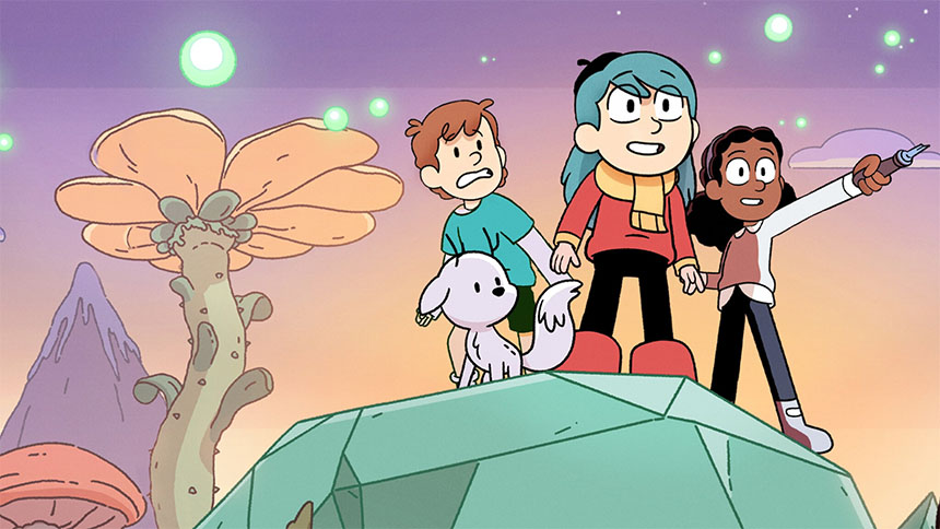 Group photo of Hilda characters, showcasing vibrant colors and whimsical characters.