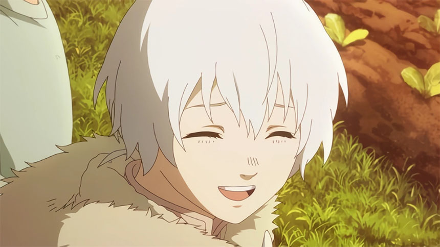 Close-up shot of Fushi, the immortal being from To Your Eternity, showcasing his white hair and a bright smile.