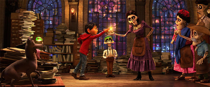 Colorful poster for the animated movie Coco, featuring the main characters in a whimsical setting.