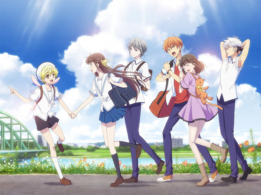 Fruits Basket characters gather with a bridge in the background, creating a lively and dynamic setting.