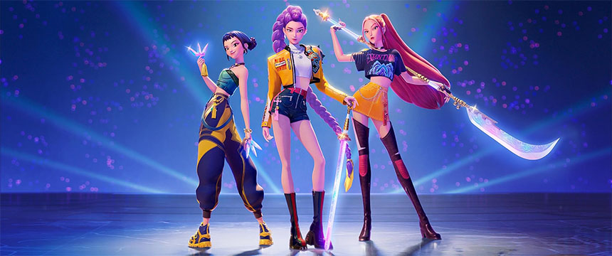 HUNTR/X stand together in front of a bright blue background, showing their battle-ready pose.