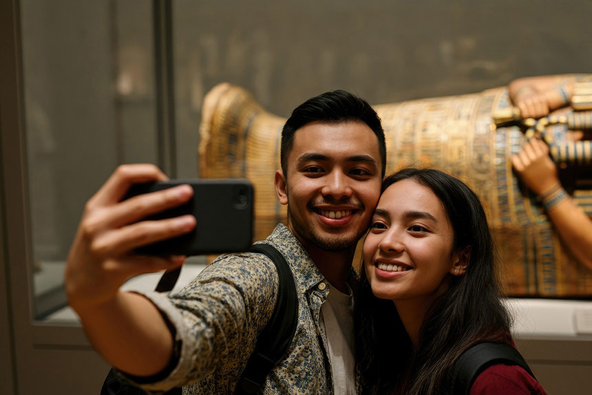 Young Asian couple take a selfie at a museum.