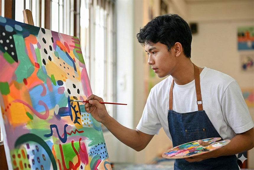 Young man painting a colorful abstract artwork on a canvas.
