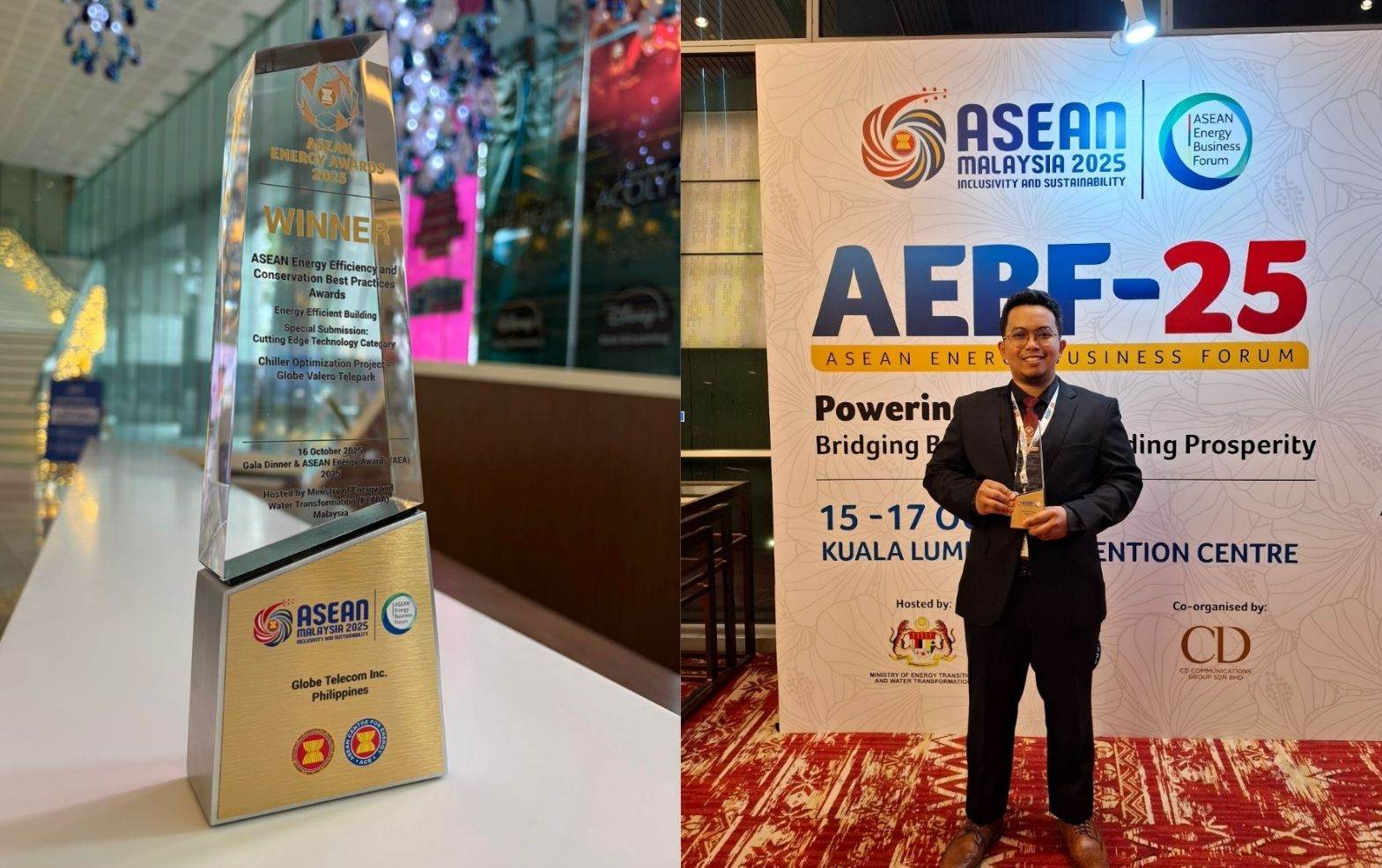 A split image showing Globeâs ASEAN Energy Award trophy and Unison Sayangco, Facilities Management Expert, representing Globe at the ASEAN Energy Awards.