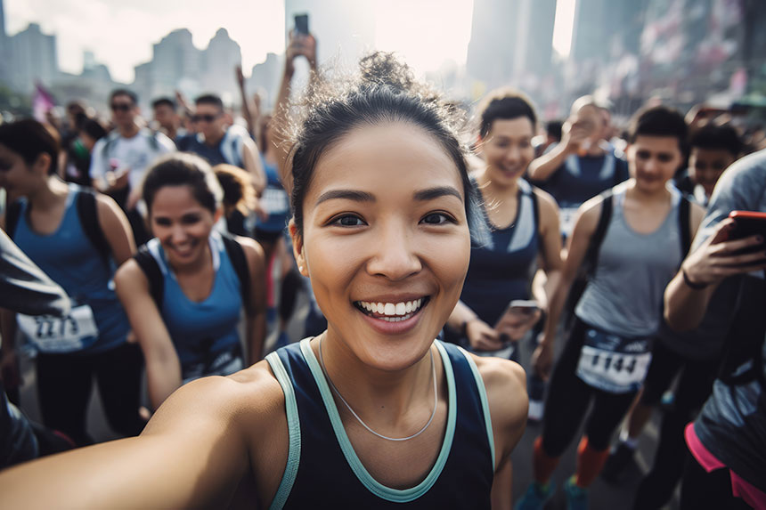 Female Asian marathon runner taking a selfie while running in a crowd of other runners.