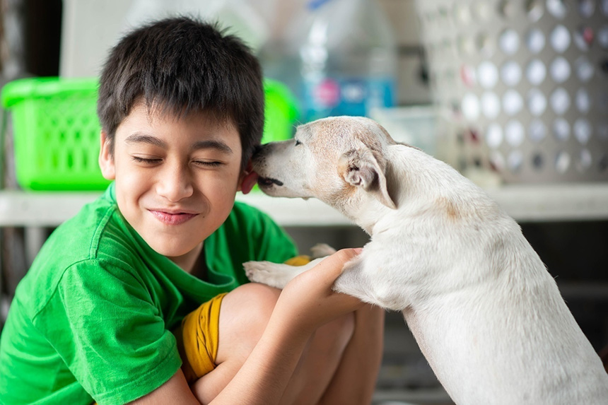  A male boy playing with his pet dog.
