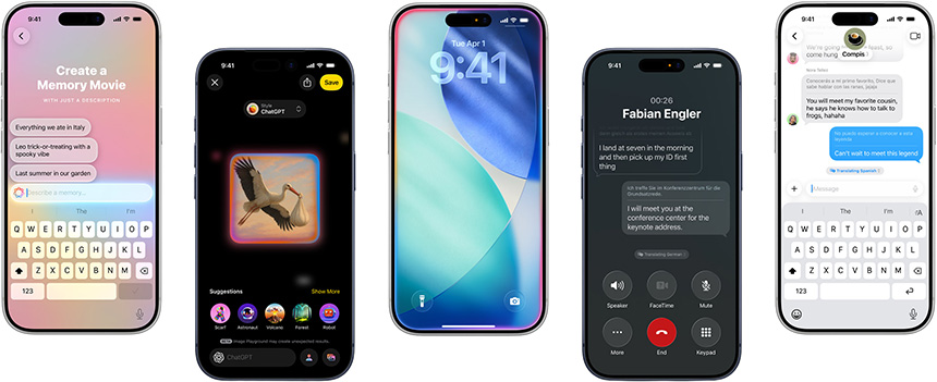 iPhone 17 screens showcasing AI features like image generation, Siri, and real-time translation.