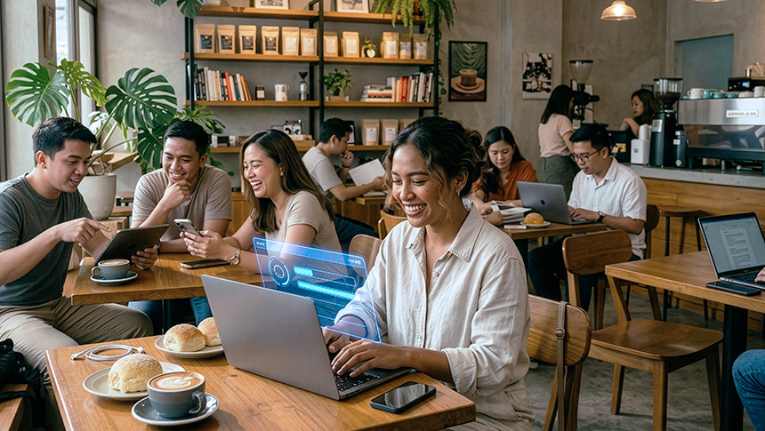 A person attending a video conference call on a laptop with three participants visible on screen.