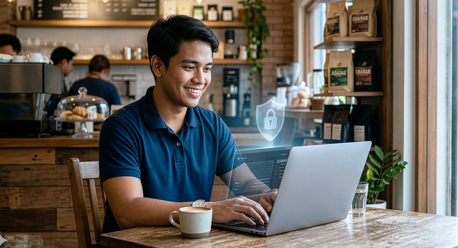 A woman in a blue apron using a tablet in a bakery.