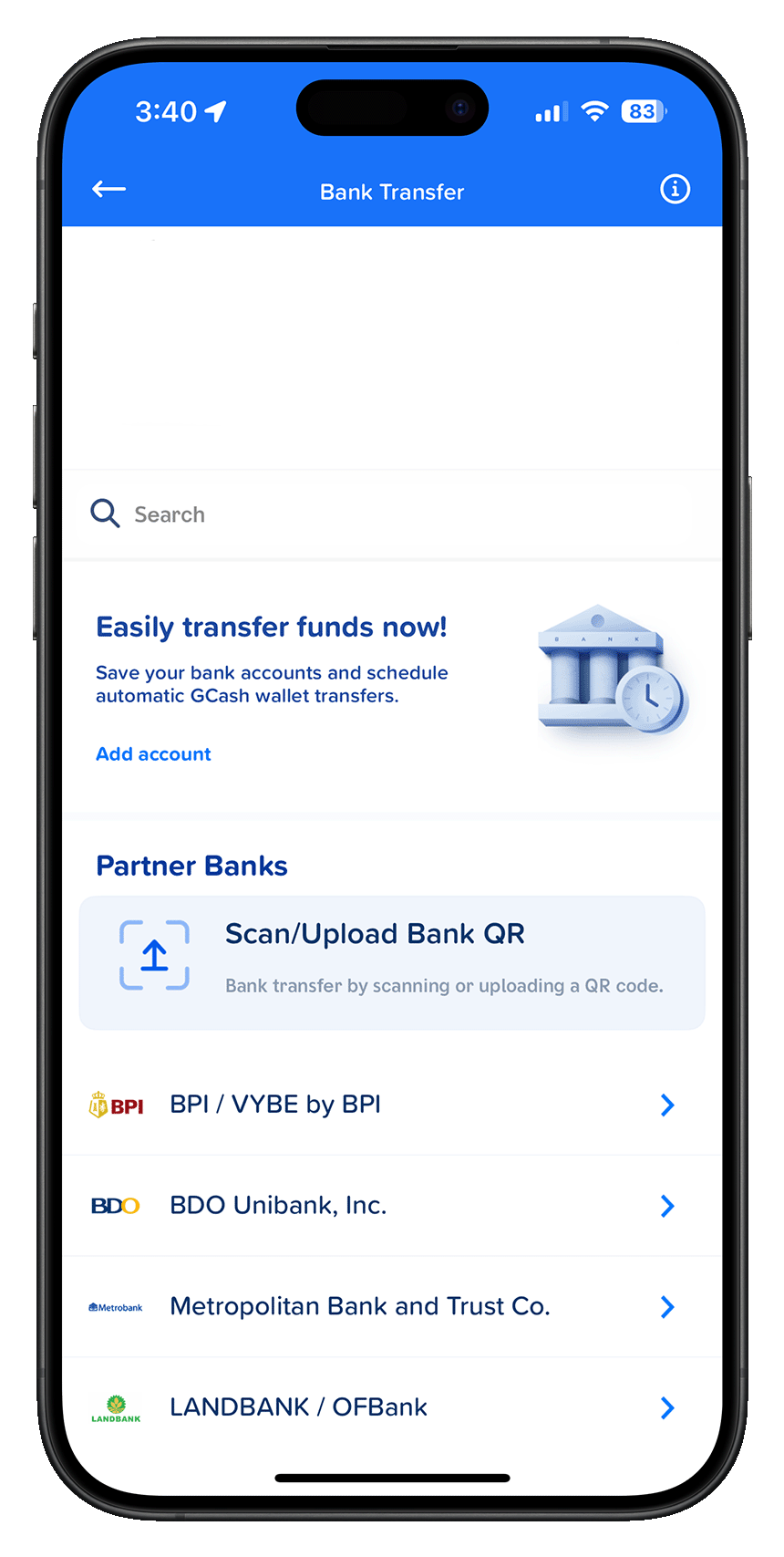 Screenshot of GCashâs Bank Transfer UI.
