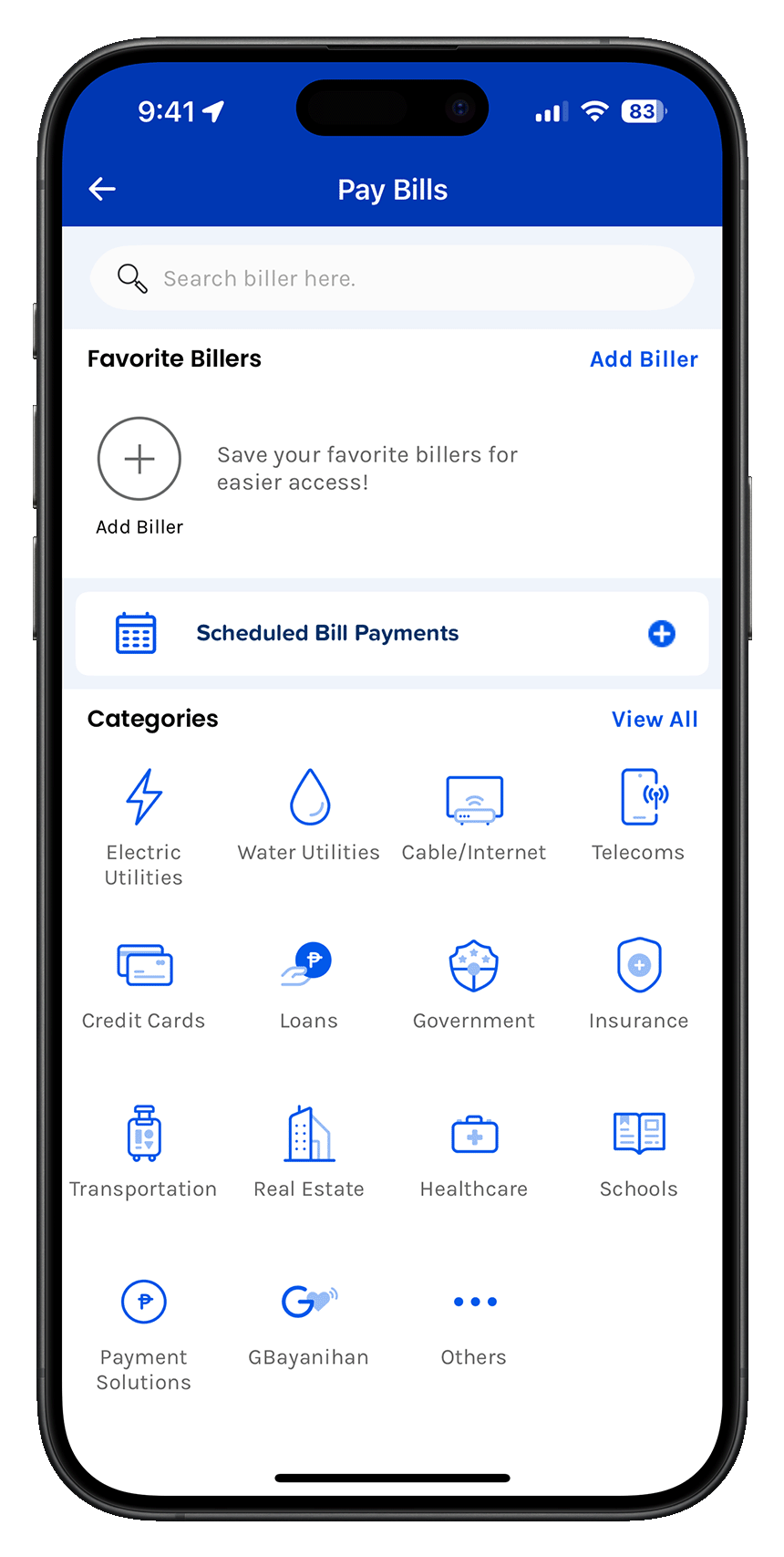 Screenshot of GCashâs Pay Bills UI.