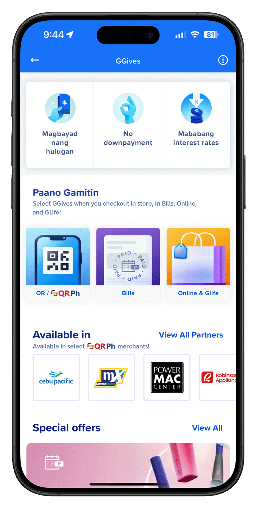 Screenshot of GGives UI in the GCash app.