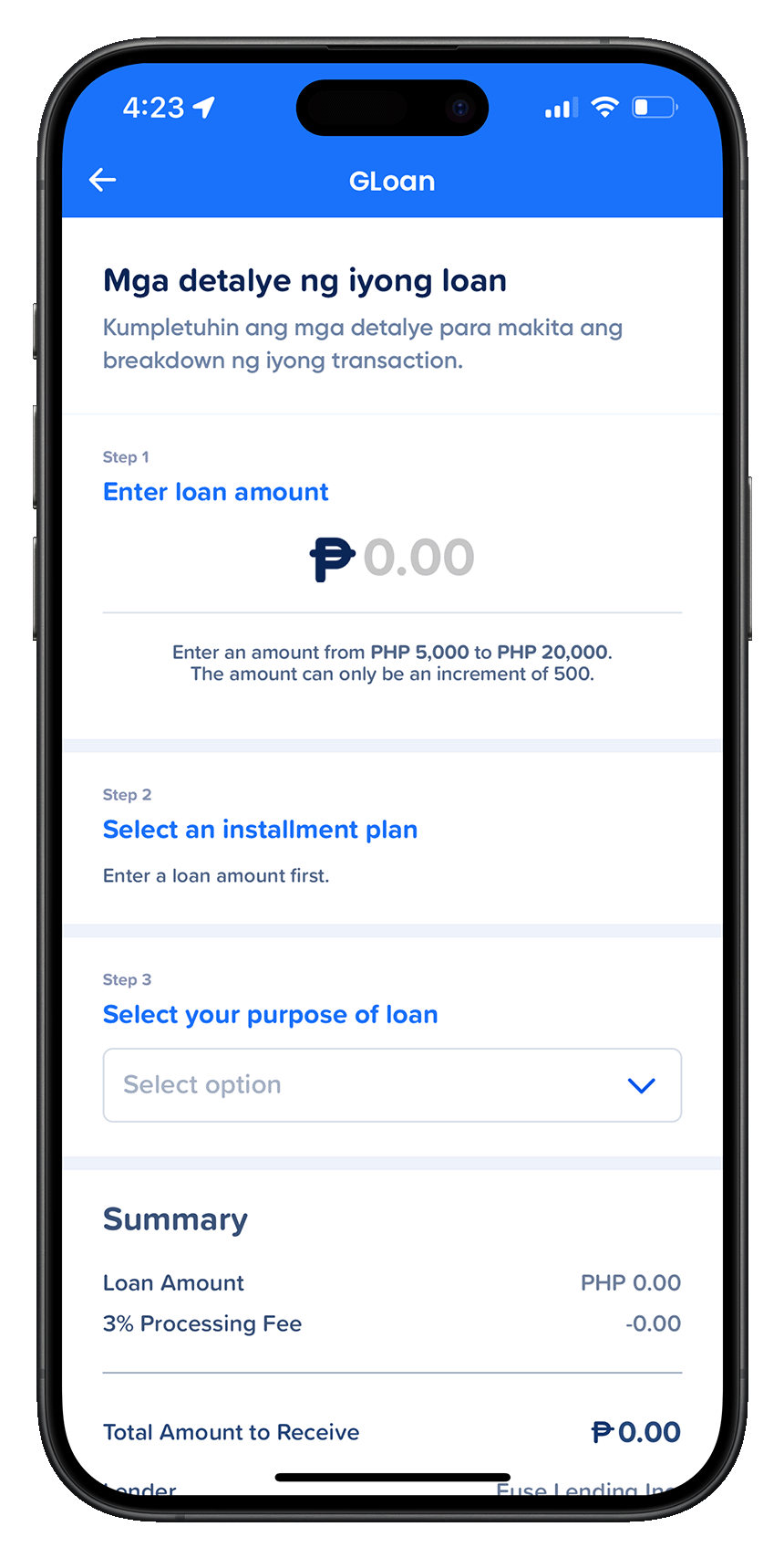Screenshot of GLoan UI in the GCash app.