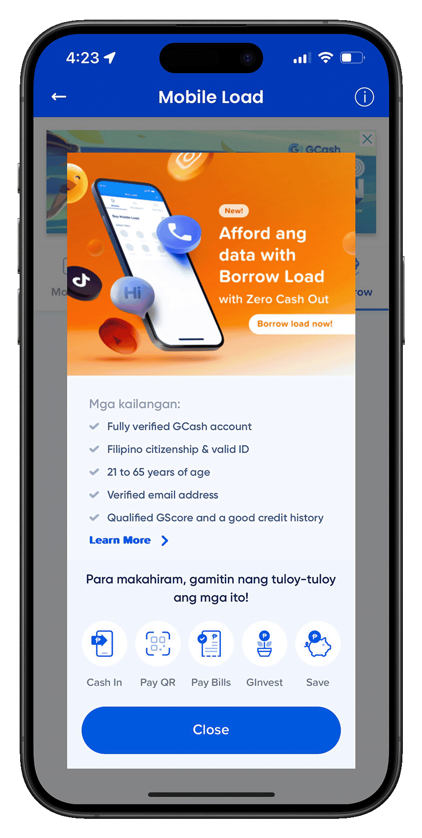 Screenshot of Borrow Load UI in GCash.