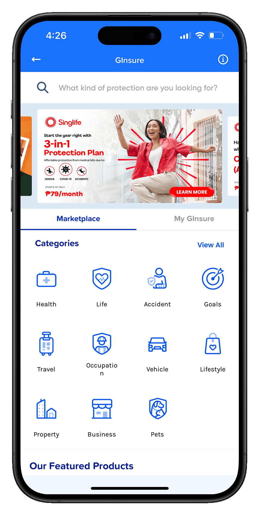 Screenshot of GInsureâs UI in the GCash app.