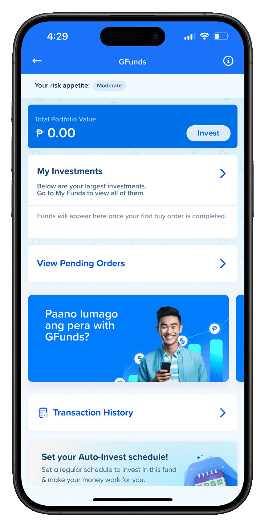 Screenshot of GFundâs UI in the GCash app.