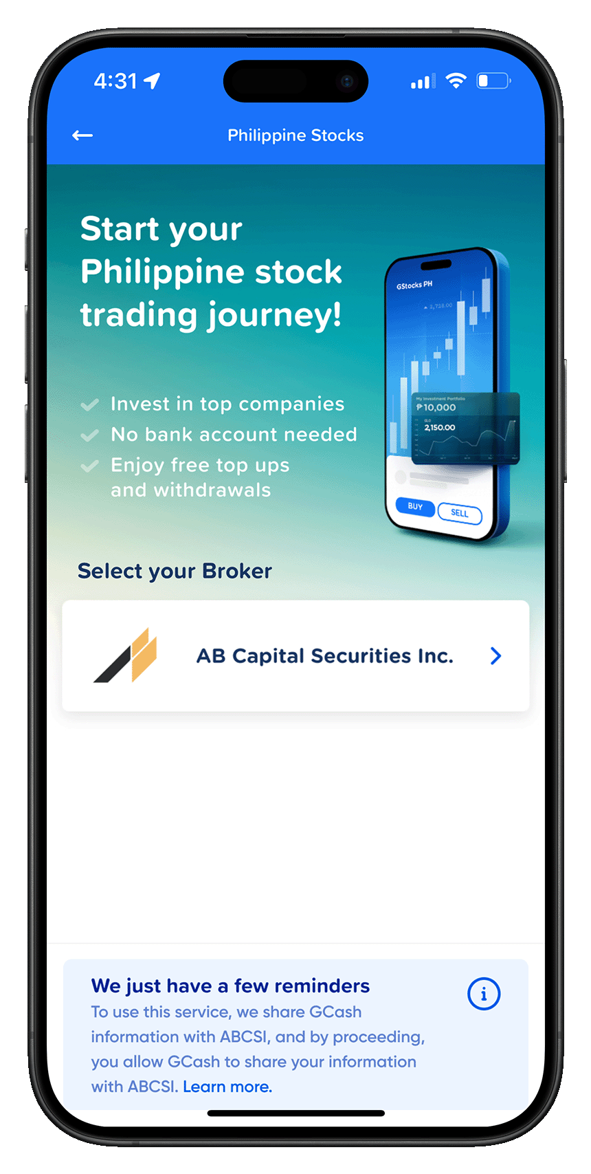 Screenshot of GStocksâ UI in the GCash app.