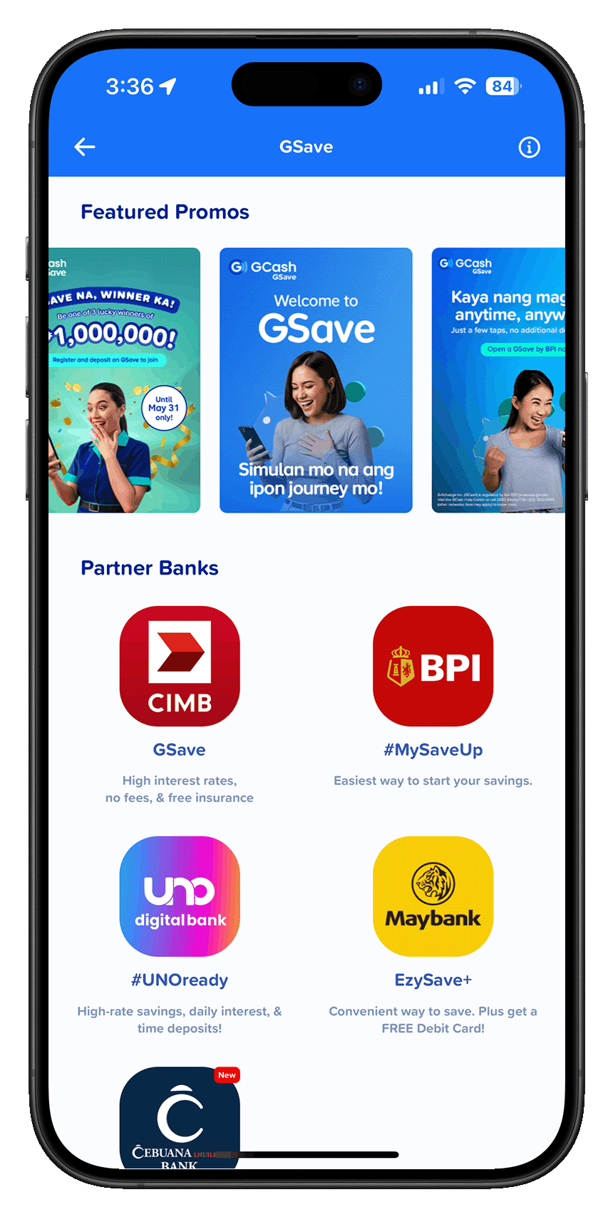 Screenshot of GSaveâs UI in the GCash app.