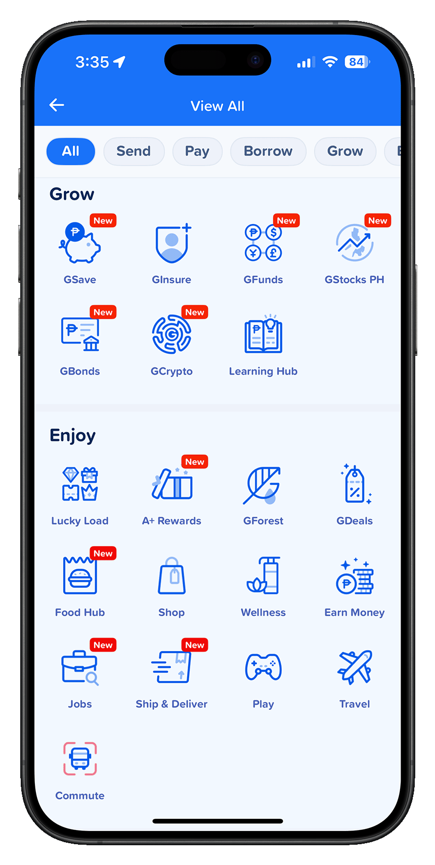 Screenshot of GCashâs View All Services, highlighting the âEnjoyâ section.