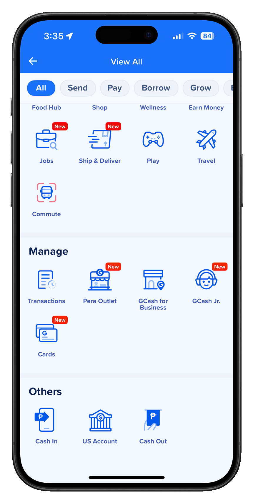Screenshot of GCashâs View All Services, highlighting the âManageâ section.
