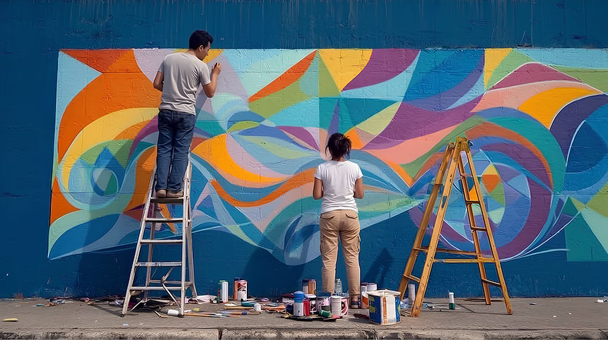 Artists painting a colorful geometric mural on a public wall.