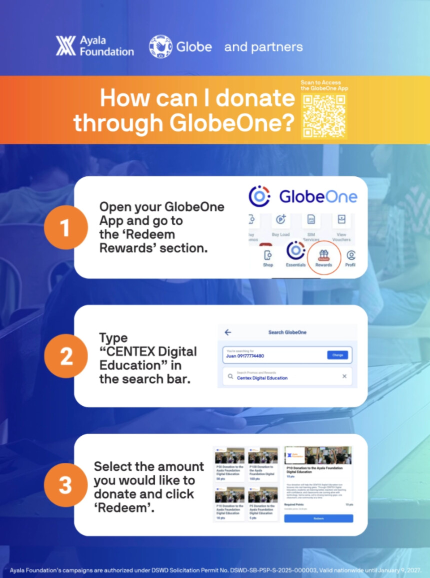 Step-by-step on how to donate to the CENTEX Digital Education program via GlobeOne.