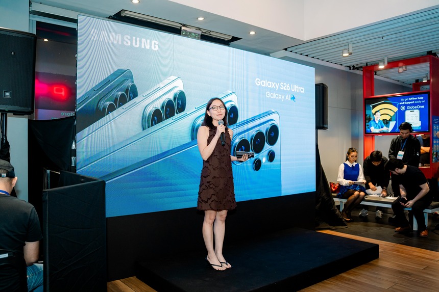 A woman speaks on stage during the Samsung Galaxy S26 Series launch.
