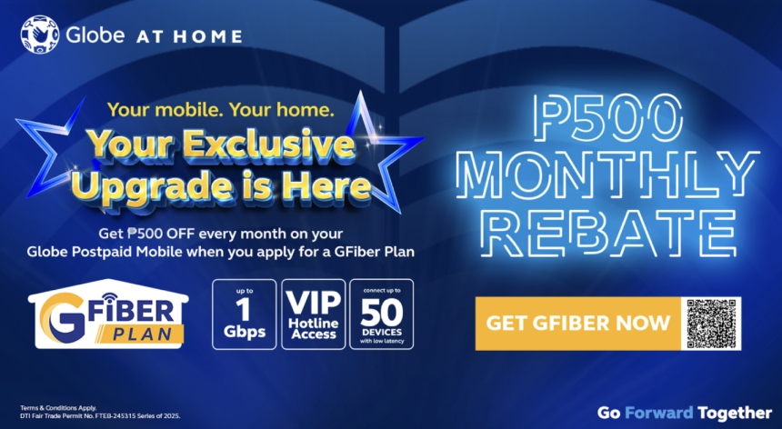 Globe AT HOME promotional banner for the GFiber Plan featuring a P500 monthly rebate.