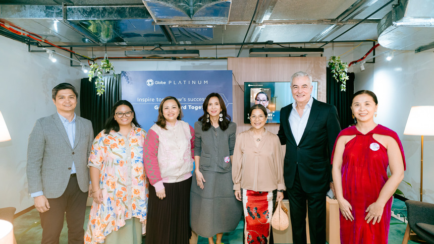 Text: Globe Telecom, Ayala Corporation, and Art Fair Philippines leaders at the Art Fair Philippines 2026.