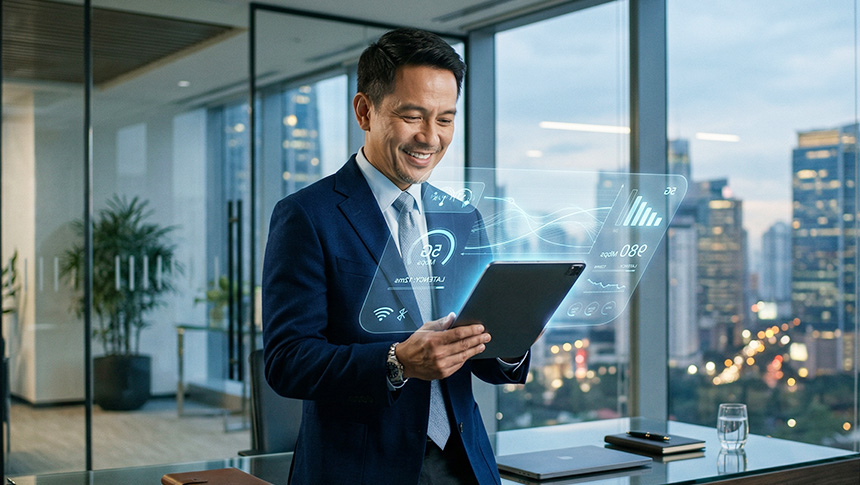 A male professional checking his tablet while at the office.