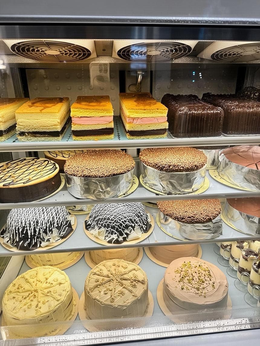 Rows of different cakes and desserts offered at Calea.