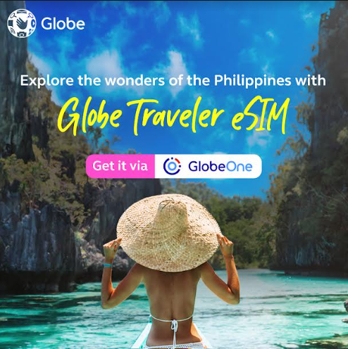 Globe Traveler eSIM promotional image showing compatibility for both Android and iOS devices.