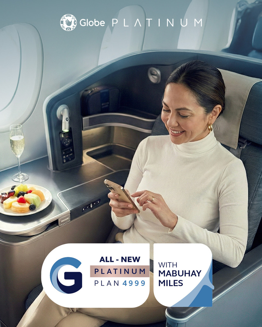 Promotional image of the All-New Platinum GPlan 4999 with Mabuhay Miles featuring a male traveler in business class.