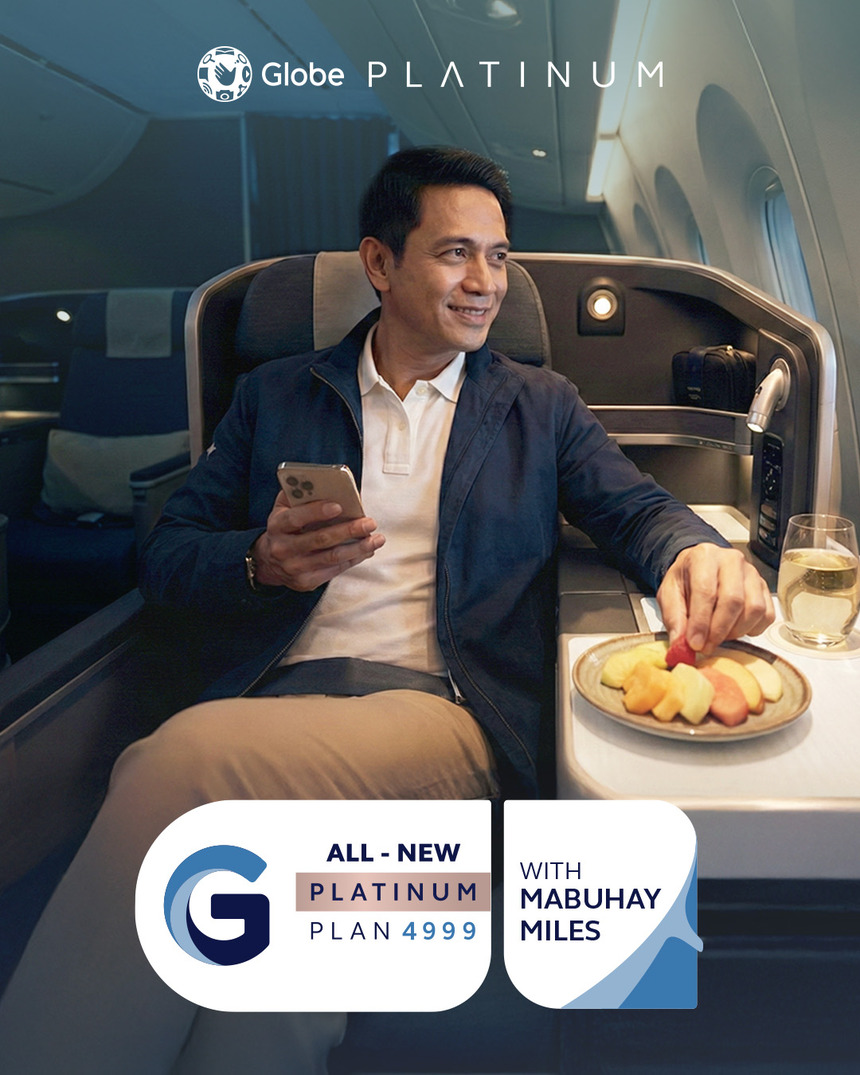 Promotional image of the All-New Platinum GPlan 4999 with Mabuhay Miles featuring a female traveler in business class.