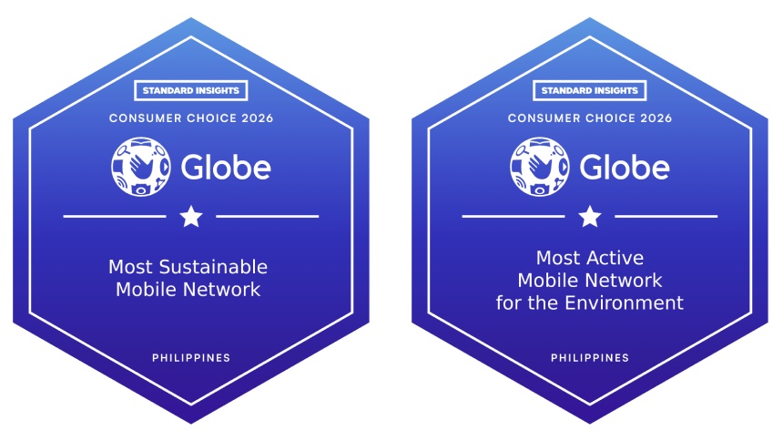 Two award badges showing 2026 Consumer Choice Awards for Globe: Most Sustainable Mobile Network and Most Active Mobile Network for the Environment.