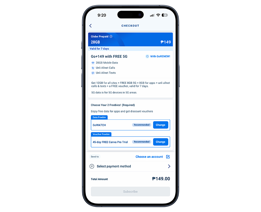 Photo of the GlobeOne appâs UI for Go+149 prepaid promo.