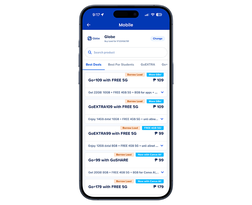 GCash appâs UI for reloading your prepaid promo.