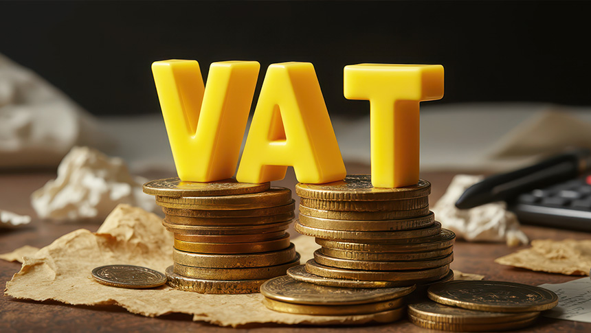 Yellow 3D VAT letters sitting on stacks of gold coins.
