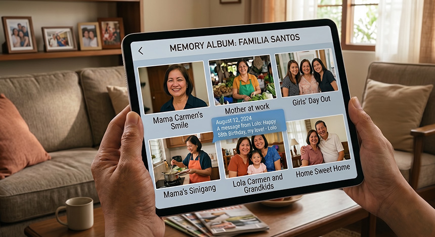 Person holding a tablet displaying a digital family album in a living room.