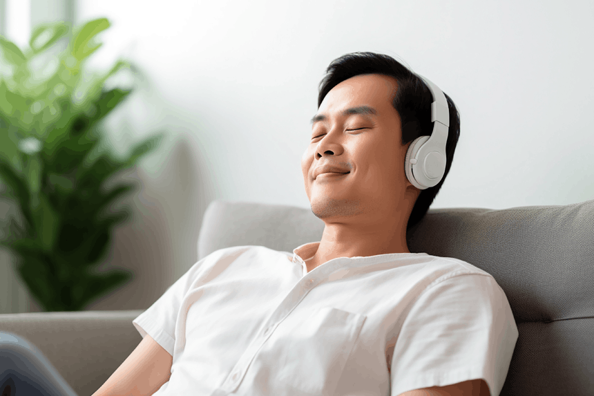 A relaxed man leans back on a sofa with his eyes closed, enjoying music through headphones in a brightly lit room.