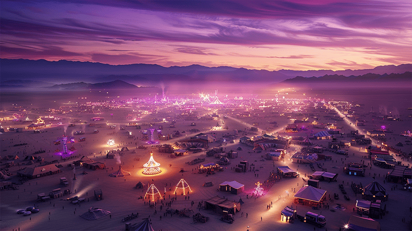 A bird's eye view with art installations and camps across the Nevada desert.