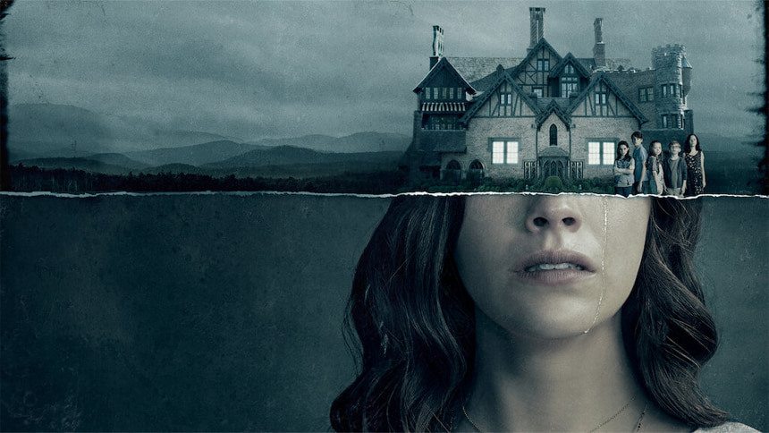 Poster for The Haunting of Hill House showing a womanâs face with a tear, partially blending into an eerie mansion with shadowy figures standing in front of it.
