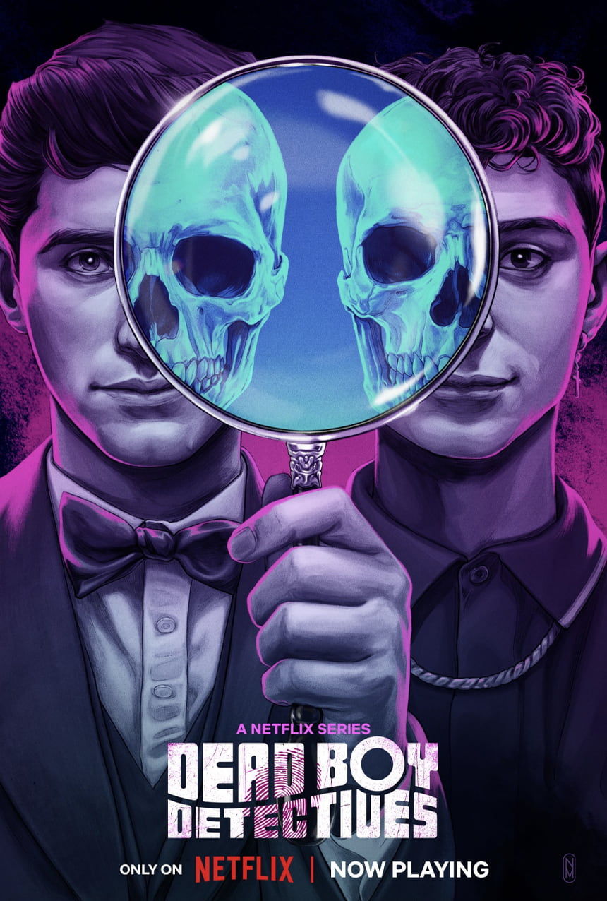 Poster for Dead Boy Detectives featuring two young men in suits holding a magnifying glass that reflects glowing blue skulls, with a dark purple and teal color scheme.