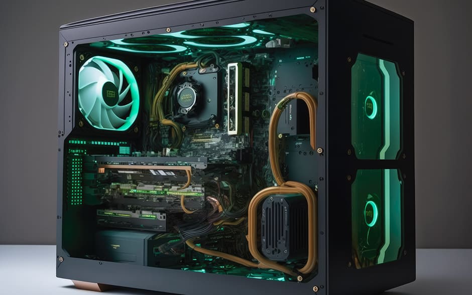 Product photo of a computer case with its side open to show the PC components.