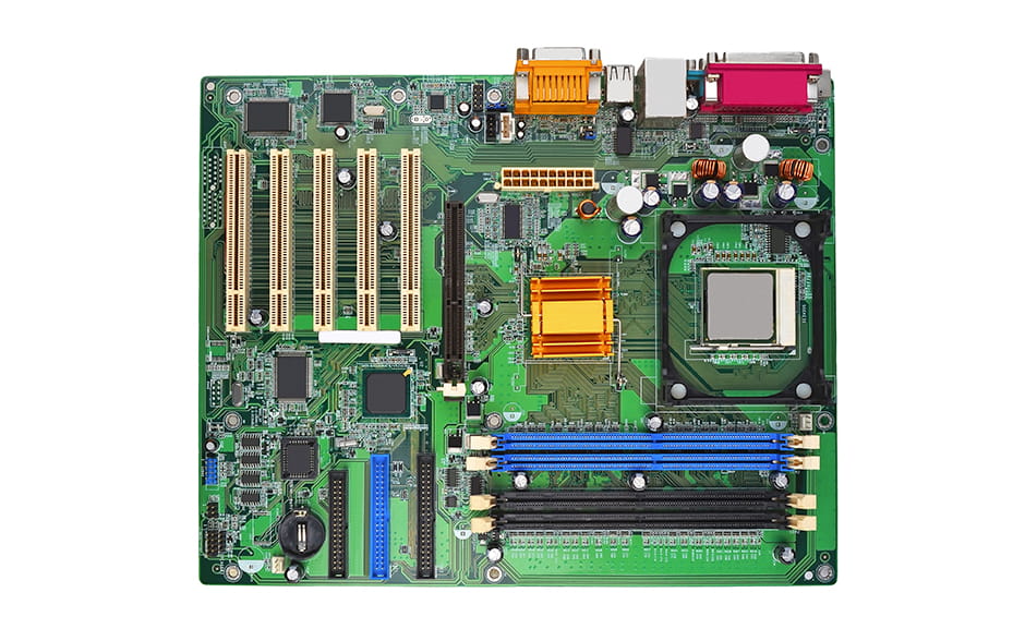 Product photo of a green computer motherboard.