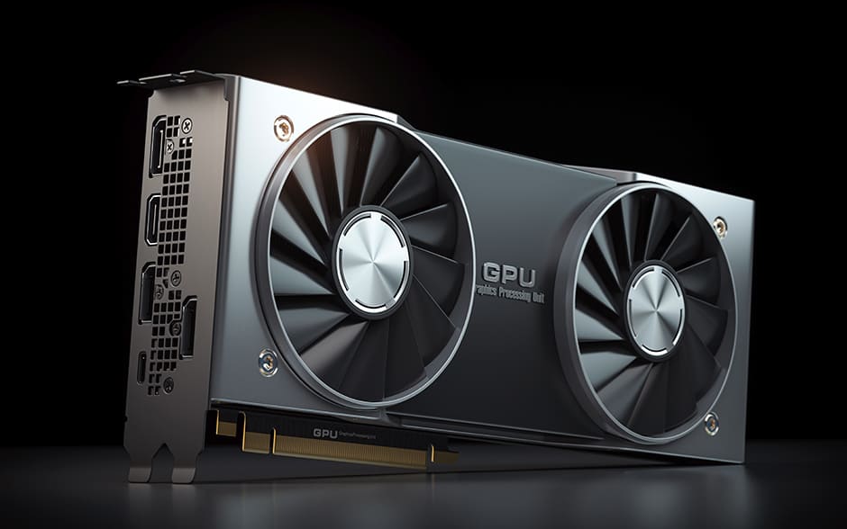 Product photo of a GPU on a black surface and against a black background.
