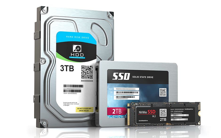 Product photo of a hard disk drive HDD, solid-state drive SSD, and NVMe SSD M2 against a white background.