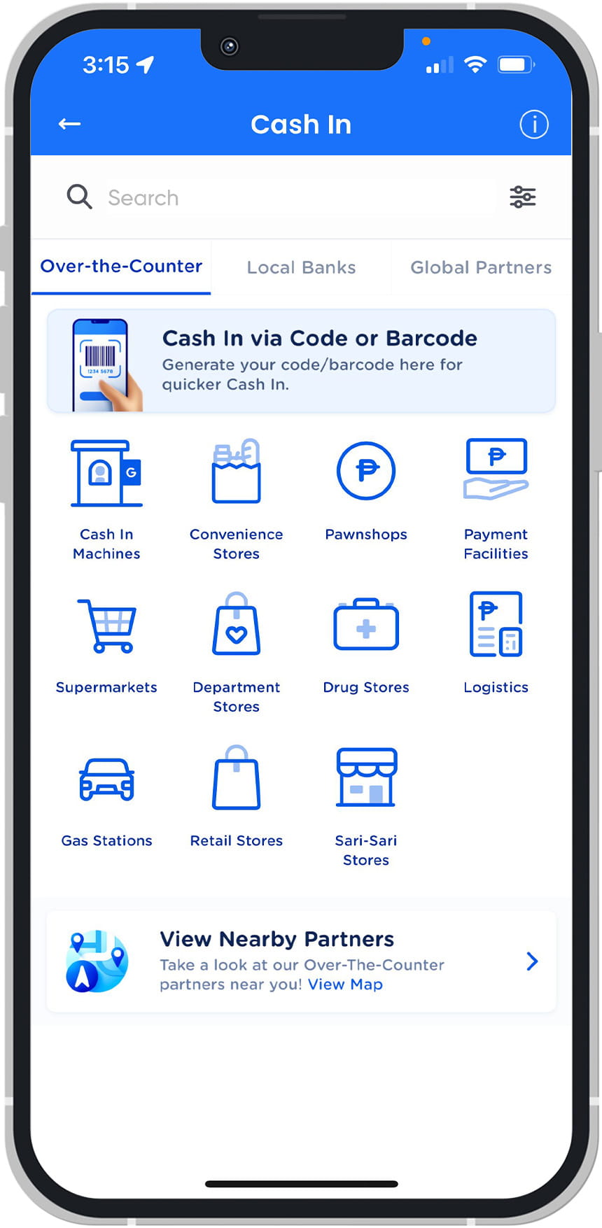 Mobile banking app "Cash In" screen with various cash-in options displayed as icons.
