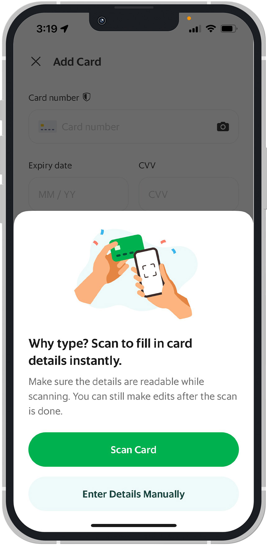 Smartphone screen showing a card scanning prompt in a payment app.