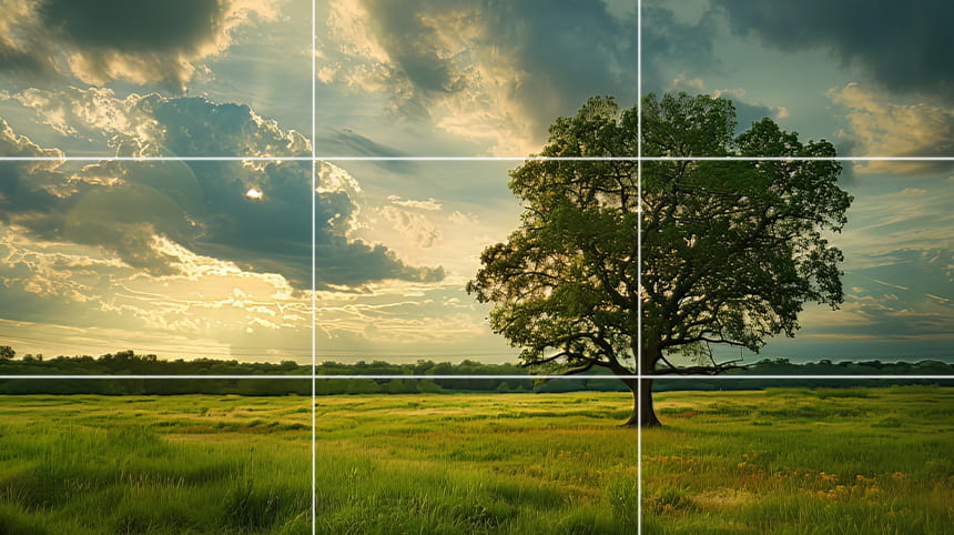 A solitary tree in a green meadow under a dramatic cloudy sky.
